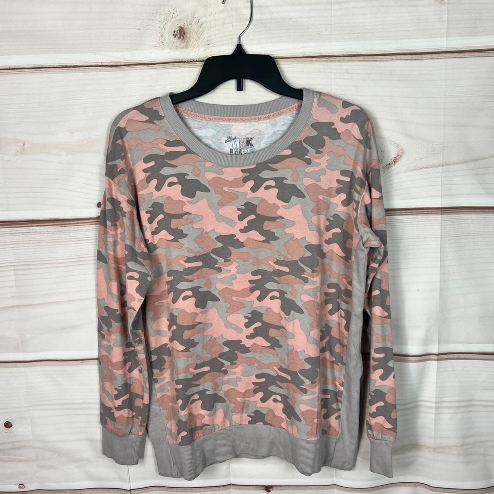 Muk Luks Top Womens XS Pink Gray Camouflage Long Sleeve Knit Side Slits Pullover